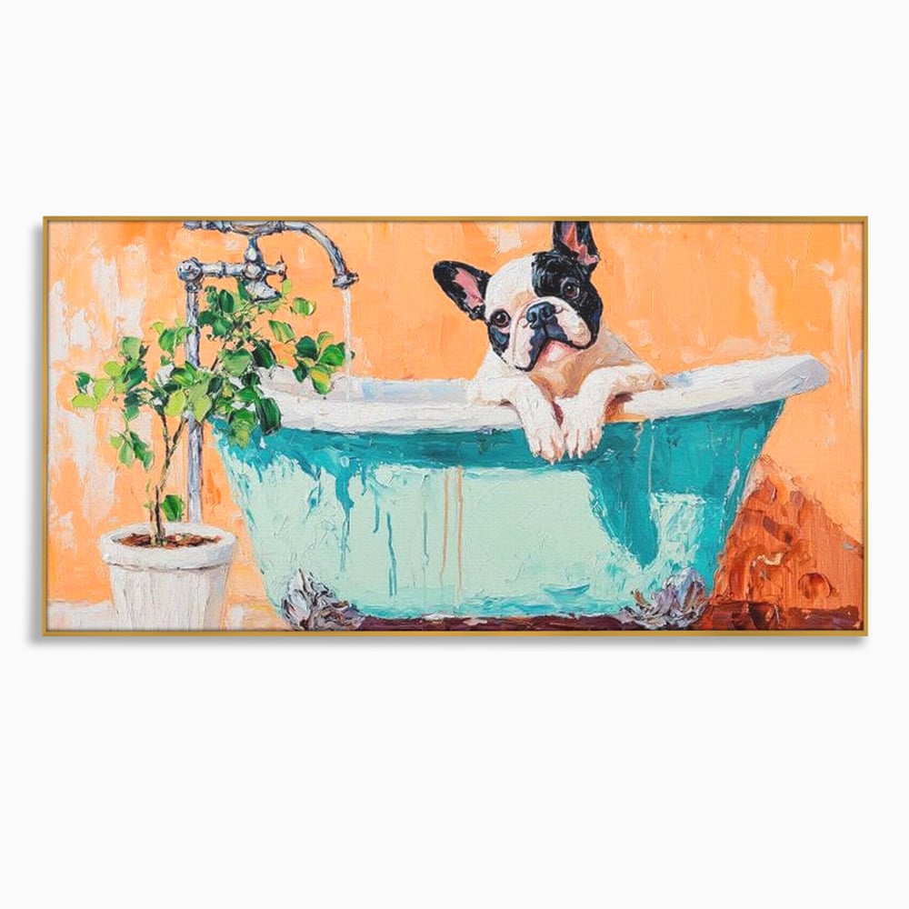 Tablou canvas cu tablou canvas cu bulldog in cada, in rama de aluminiu auriu